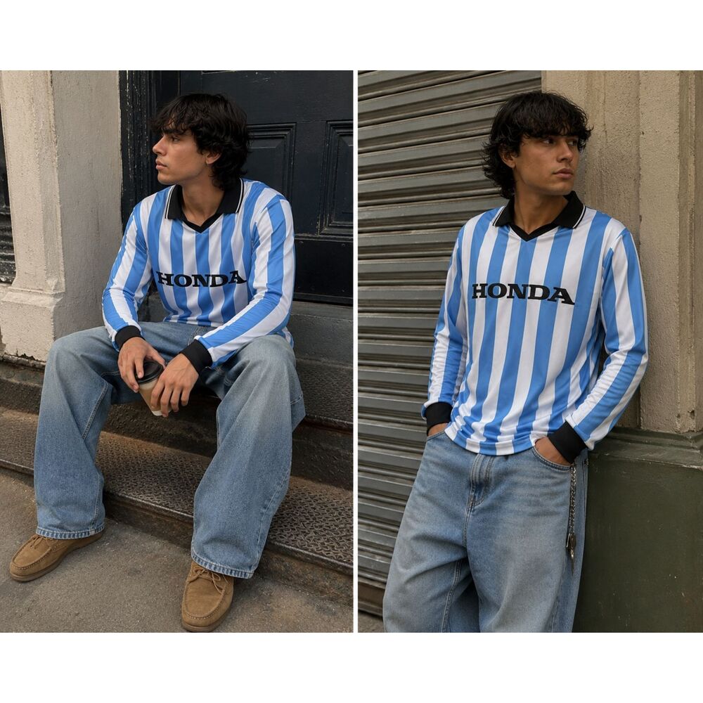 Honda Racing Soccer Jersey Urban Outfitters Blue White Striped Long Sleeve M